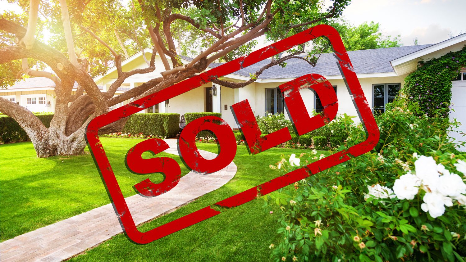 Beautiful House With Sold Stamp Overlay Beautiful single family home with red sold stamp overlay